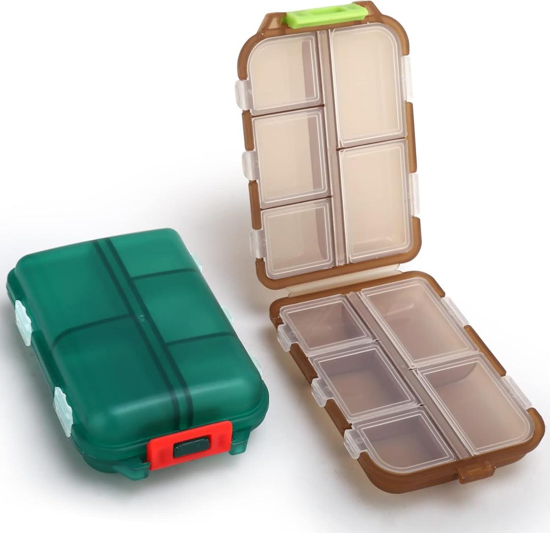 2PCS Small Travel Pill Box, Cute Pill Organizer Case, Travel Portable Medicine Organizer Pill Container for Purse, with 10 Compartments for Different Medicines, by MsfIAIoo (Dark Green Brown)
