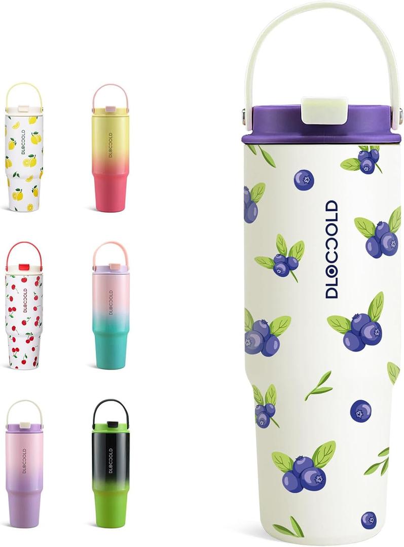 DLOCCOLD 30 oz Stainless Steel Tumbler with Straw & Handle, Insulated Double Walled Water Bottle for Home, Office, Car, Leak Proof, Reusable Cup with Flip Straw for Women Men, Blueberry