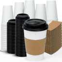 Ginkgo [100 Pack 16 oz Disposable Coffee Cups with Lids and Sleeves - To Go Coffee Cups for Hot Drinks, Chocolate, Cocoa and Coffee Bar