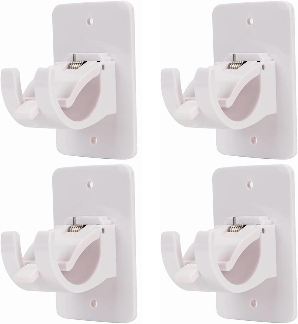Generic 4PCS White Curtain Rod Brackets, No Drill, Adhesive, Supports 0.6'' to 1.5'' Rod, ABS & Stainless Steel, Wall Mount