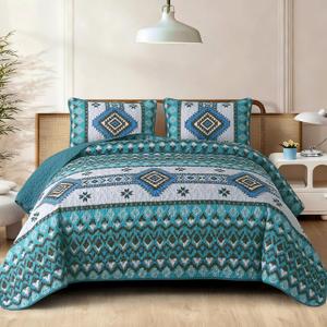 Dintszyayue Boho Quilt Set King Size, Aztec Western Teal Quilt Bedspread Set, 3 Pieces Bohemian Southwestern Stripe Bedding Set Soft Lightweight Coverlet Set for All Season