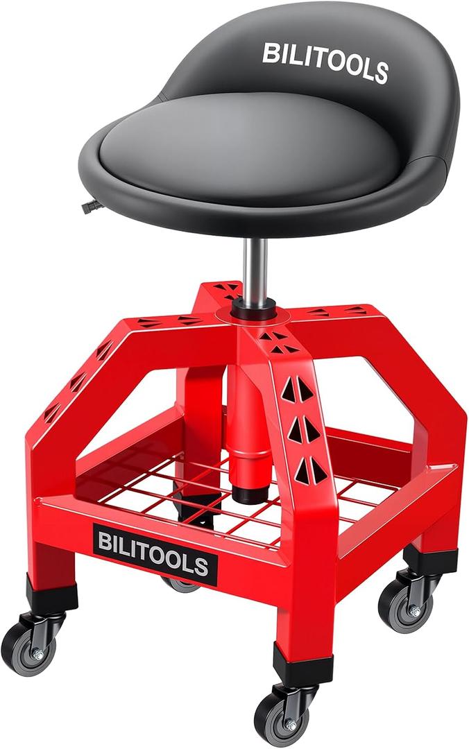 BILITOOLS Rolling Shop Stool, 21.5"-29.5" Adjustable Garage Mechanic Stool, 330LBS Capacity 360Swivel Padded Seat Shop Chair with Wheels Backrest Tool Storage Shelf for Work Shop&Auto Repair GIF