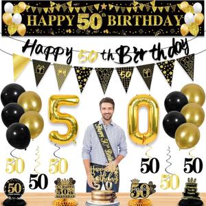 27pcs 50th Birthday Decorations for Men,Black Gold 50th Party Decorations,Happy 50th Birthday Banner Honeycomb Hanging Swirls Cake Topper and Balloons Kit Party Supplies