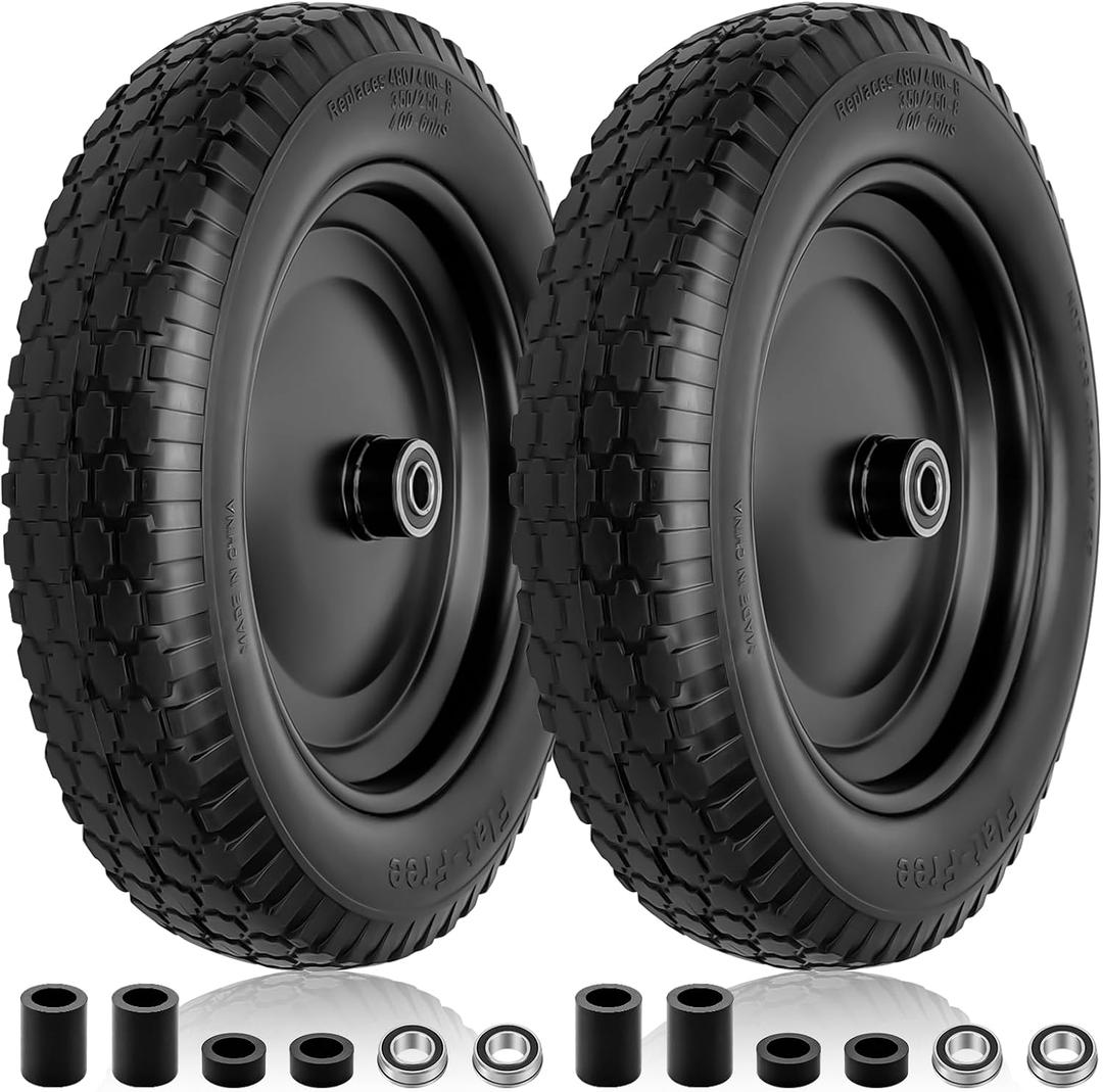 Cenipar 4.80/4.00-8" Flat Free Tire and Wheel - 14.5" Solid Flat-Free Replacement Tire with 5/8"& 3/4" Axle Borehole, Adjustable Centered Hub 3-7" for Wheelbarrow Garden Trailer and Trolley