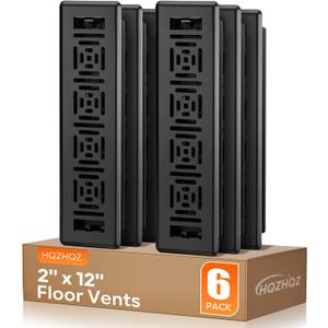 Floor Register 2x12 Inches, Heavy Duty Walkable Steel Floor Vents Easy Adjust Air Flow Direction Floor Registers,Boston Design, Black Air Floor Vent Covers for Home, 2 x 12 Vent Cover 6pack