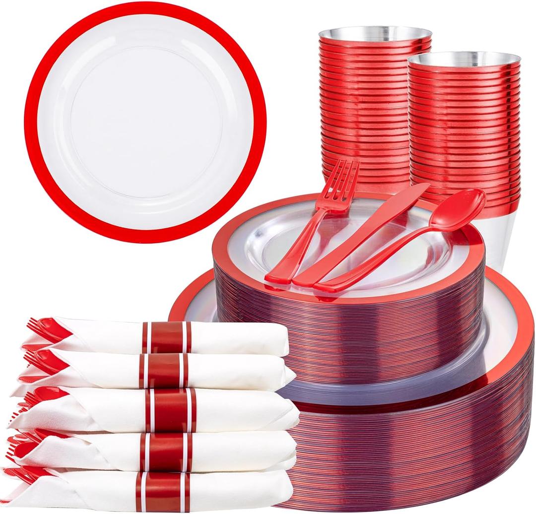 Liacere 350PCS Clear and Red Plastic New Year Plates and Napkins for 50Guests Plastic Dinnerware Set:100 Red Disposable Plates 50 Pre Rolled Napkins with Cutlery,50 Cups for Mother's Day