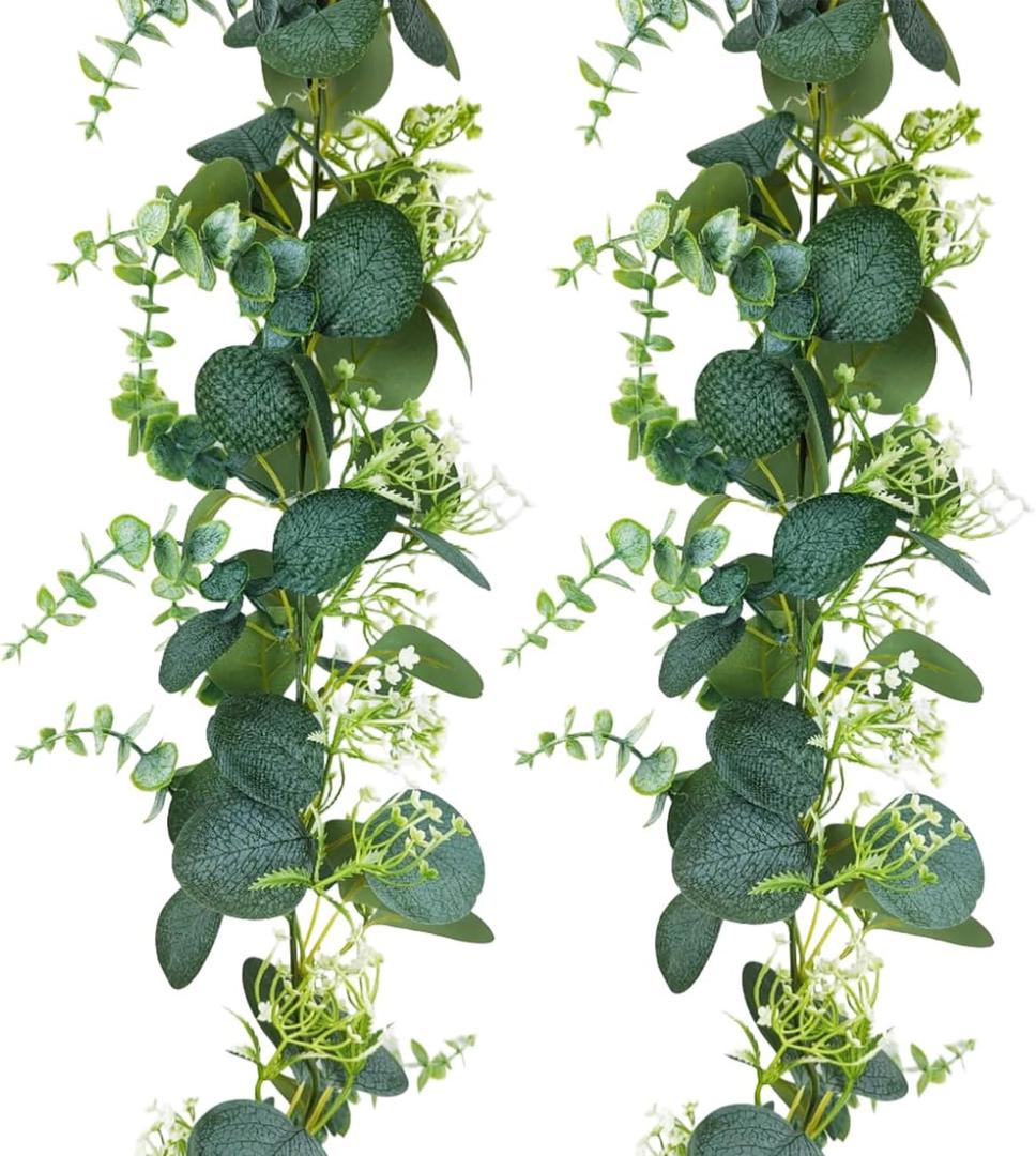 2 Pack Artificial Eucalyptus Garland - 5.9ft Faux Silk Greenery with Silver Dollar Leaves & Blossoms, All-Season Indoor/Outdoor Vine Greenery Garland for Weddings, Walls, Tables, DIY Spring Decor (2)