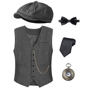 Kids 1920s Costume for Boys Vest Hat Accessories Set Party Cosplay 10-11 Years Dark Grey