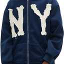 Unisex Letter Embroidery Trendy Hoodies Zip Up Casual Overszie Colorful Y2K Hip Hop Streetwear Harajuku Jacket (Medium, Blue Ny)