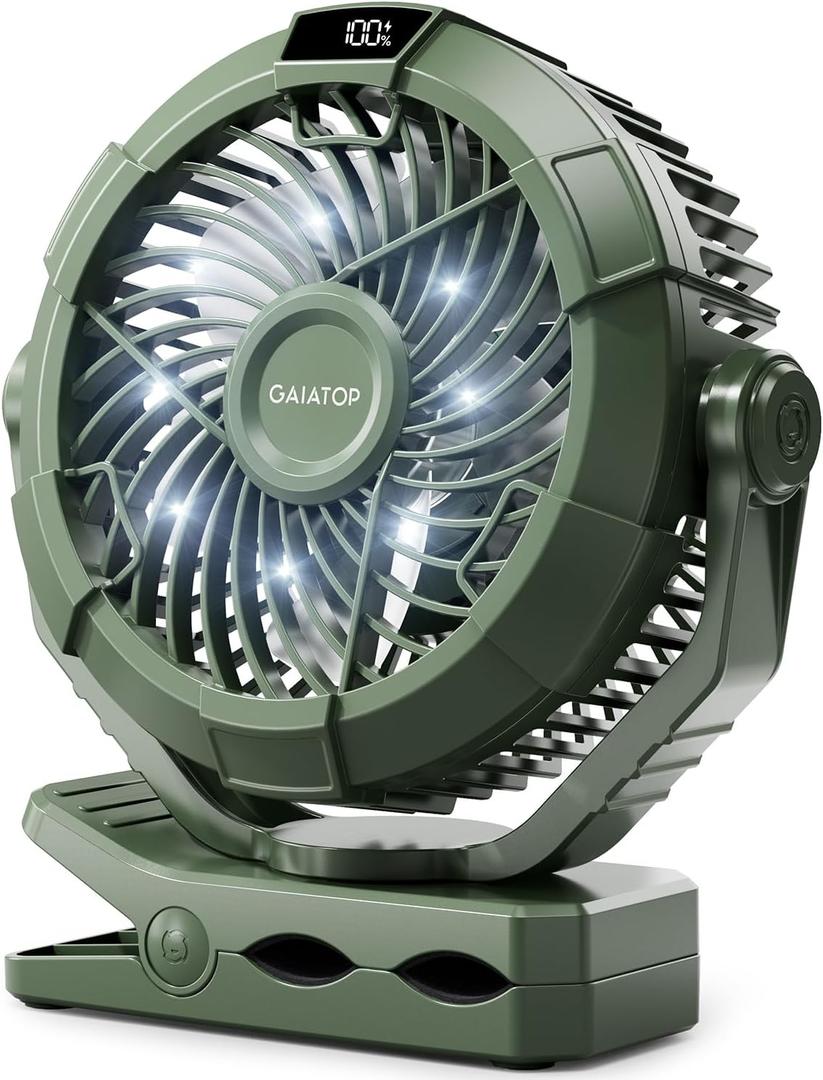 Gaiatop Portable Camping Fan with LED Lantern, 360Rotation and Clip on for Desk, 4000mAh USB Rechargeable Battery Powered, Digital Display and Hanging Hook for Tent Outdoor Travel Bedroom Green