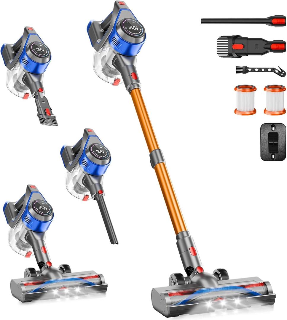 Cordless Stick Vacuum Cleaner - Rechargeable, 35Kpa Powerful Vacuums with Detachable Battery Display, Max 45Mins Runtime, 8 in 1 Handheld Vacuum for Hard floor & Carpets Pet Hair, Blue