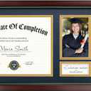 11x22 Diploma Frame with Tassel Holder, Graduate Frame for 8.5x11 Certificate Document and 4x6 Photo, Linen Texture Blue over Gold Double Mats, HD Real Glass, Mahogany with Gold Beads Embossing