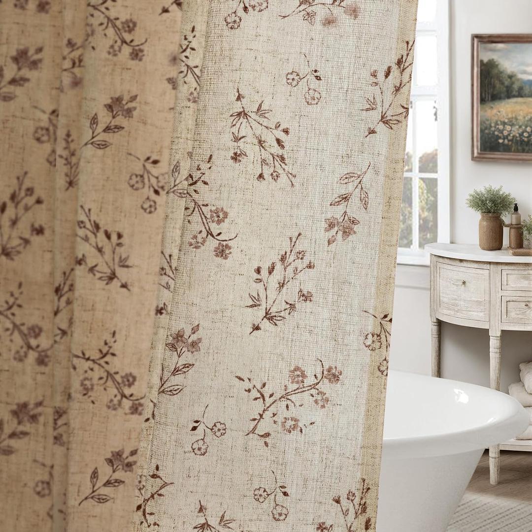 Brown Floral Farmhouse Vintage Linen Shower Curtain, French Country Shower Curtains for Bathroom, 72Wx72H