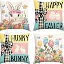 Easter Pillow Covers 18x18 set of 4,Vintage Decorative Eggs Bunny Throw Pillow Covers Retro Linen Pillowcases, Spring Holiday Home Decor Farmhouse Sofa Cushion Living Room Bedroom Happy Easter Gifts