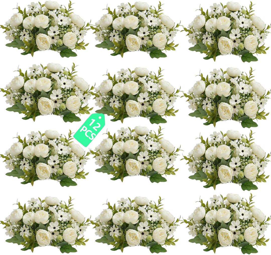 12 Bundles Peony Artificial Flowers, Peonies Artificial Flowers with Peonies Fake Peony Flower Bouquets for Home Decor, Wedding, Table Centerpieces (White, Peonies and Daisies)
