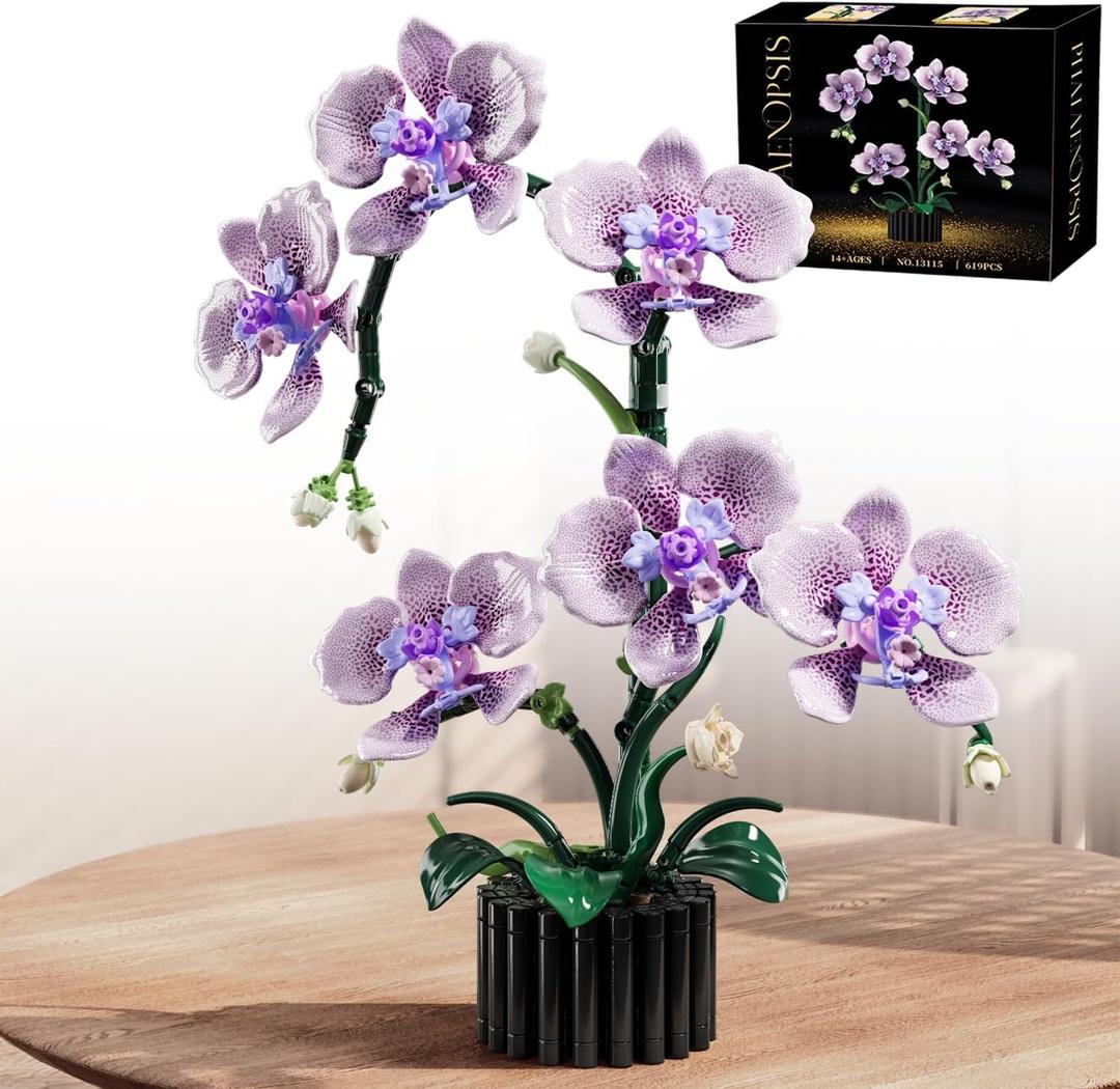 Purple Orchid Building Block Set with Vase 619 Pcs, Phalaenopsis Floral Model Kits, Compatible with Lego Flowers for Mother's Day, Anniversary, Birthday for Adults & Teens Ages14+