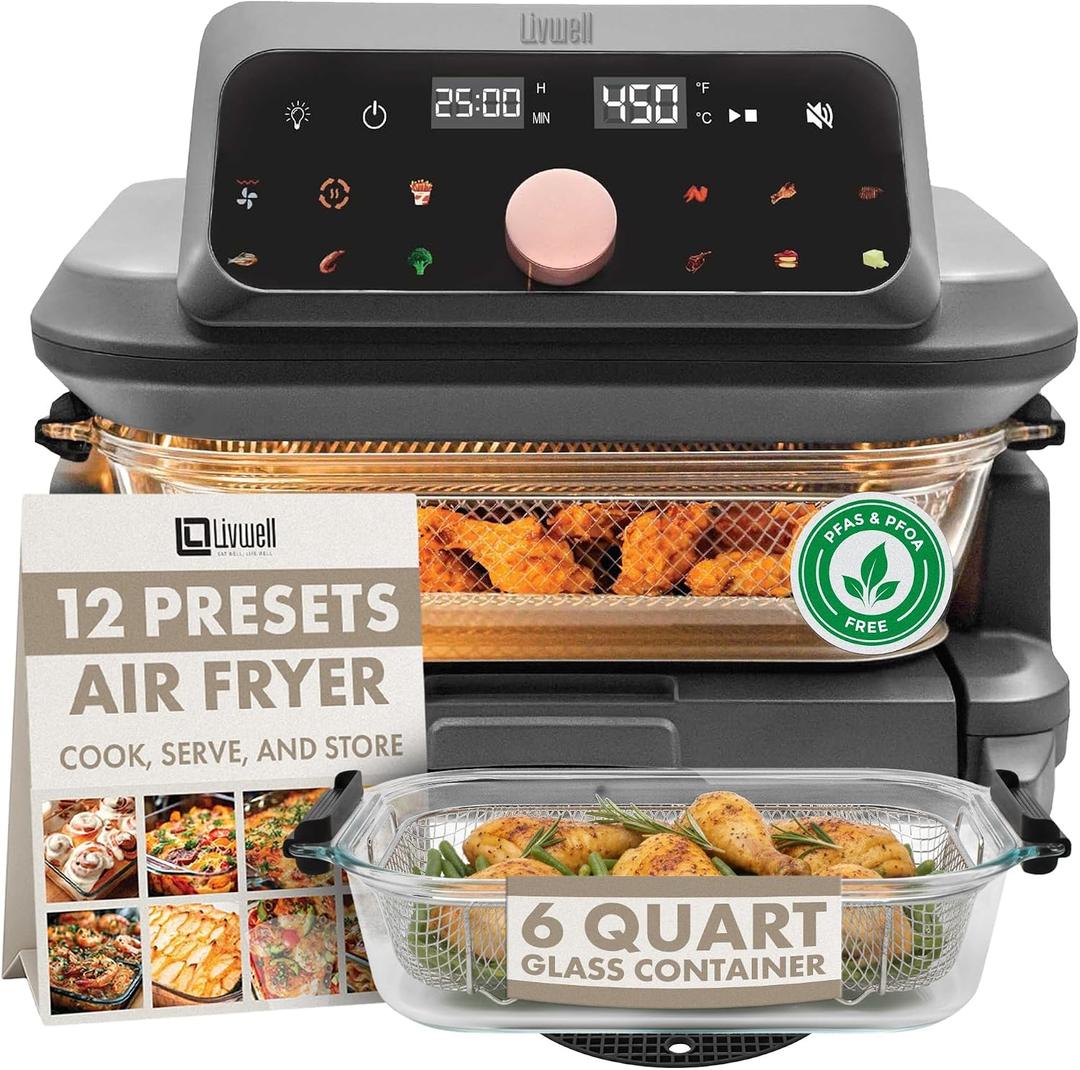 Livwell 6 Quart Glass Container Air Fryer with Pull-Out Drawer & Lid - Kitchen Gift - PFOA & PFAS-Free, 12 Presets, Dishwasher-Safe, Family-Sized One Dish Meal for Baking, Roasting & Crispy Frying