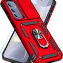 SunStory Compatible with Samsung Galaxy S24 FE 5G Case with HD Screen Protector & Slide Camera Cover & Rotated Ring Kickstand, [Military-Grade] Phone Case for Galaxy S24 FE (Red)