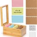 4x6 Index Card Holder with Dividers Bamboo Index Card Organizer Box 4 Compartments Flash Cards Holder with Lid 150 Index Flash Cards 25 Index Cards Dividers 2 Letter Smile Stickers for Office Business