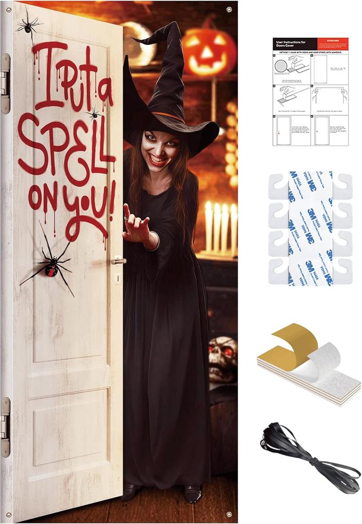 Halloween Front Door Witch Banner, 35.4" x 78" Fabric Door Cover with I Put a Spell on You, Photo-Ready Trick-or-Treat Porch Decoration