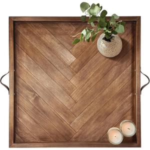 Tray for Ottoman 24 x 24 Inches, Square Ottoman Trays, Large Wooden Tray with Leather Handles, Food Serving Trays for Dinner, Breakfast, Snacks.