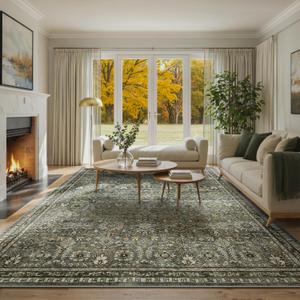 Lahome Green 10x14 Area Rugs for Living Room, Washable Vintage Large Floor Rugs for Bedroom, Rubber Backed Non-Slip Carpet for Dining Room Office