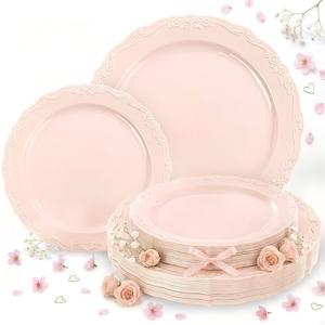 Tinybee 60PCS Pink Plastic Plates - Heavy Duty Pink Disposable Plates, Elegant Plastic Plates for Mothers Day, Bridal Shower and Party Including 30 Dinner Plates 10 '' & 30 Dessert Plates 7.5 ''