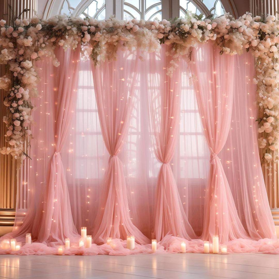 30ft x 10ft Dusty Rose Backdrop Curtain with Lights String for Parties, Sheer Tulle Wedding Photo Backdrops Drapes for Baby Shower Birthday Party Decorations Background for Photography (W5' x H10'(6 panels))