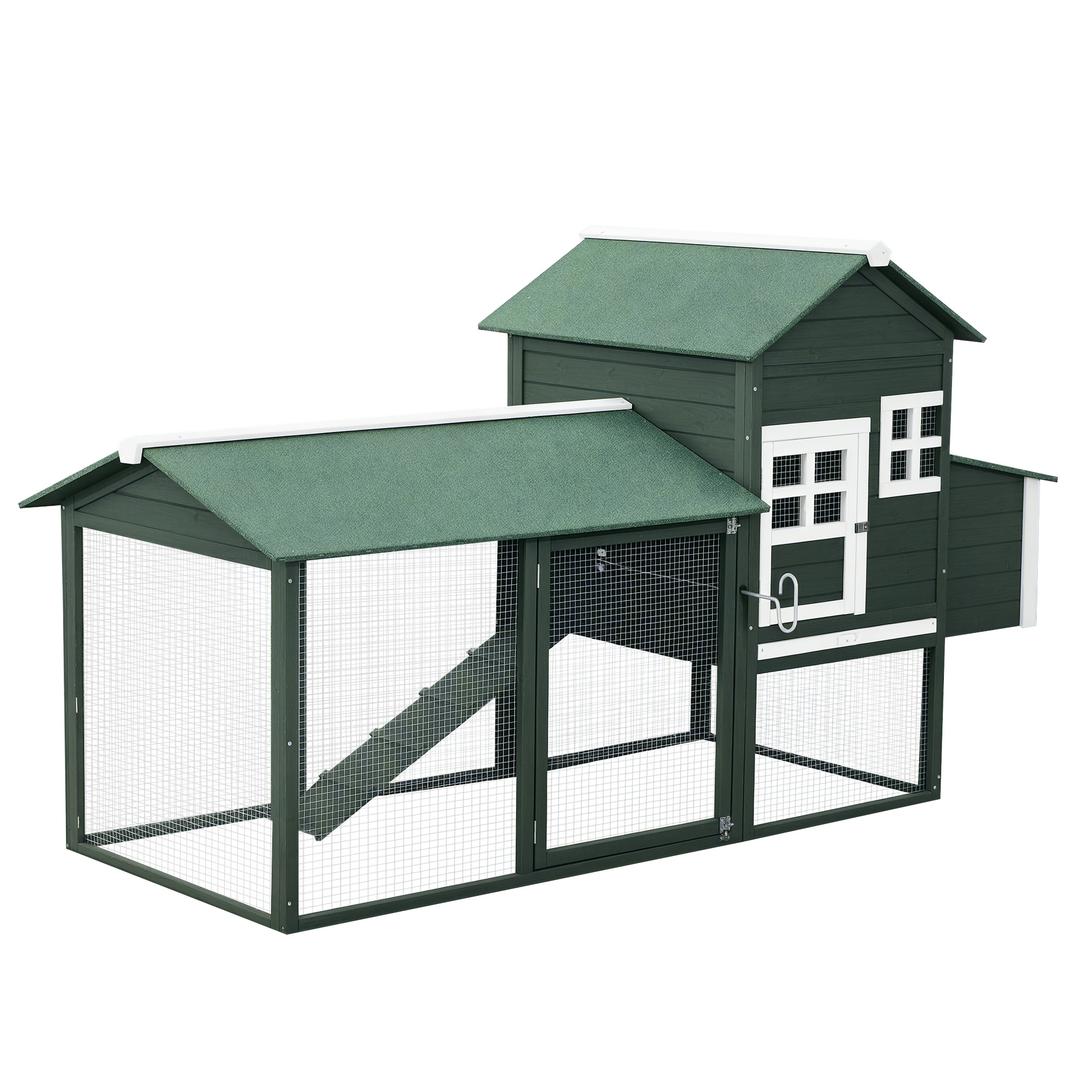 PawHut 84" Wooden Chicken Coop, Hen House Outdoor with Run Nesting Box, Asphalt Roof, Removable Tray, Ramp, Poultry Cage for 2-3 Chickens, Green
