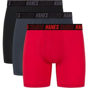 Hanes Men's Moves Anti-Chafe Undewear Boxer Briefs Pack, Total Support Pouch, Cooling (Trunks Avail) (Red/Grey/Black)