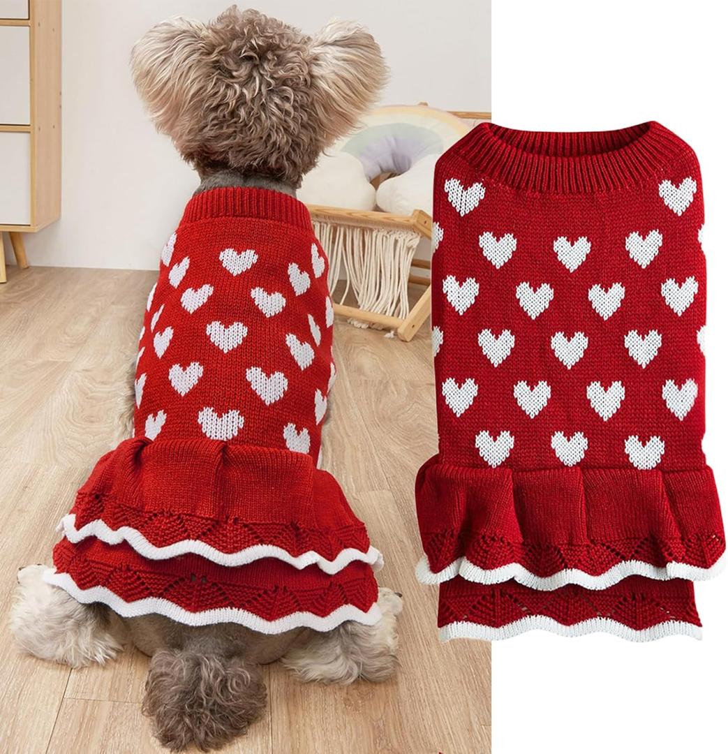 Winmany Valentines Day Dog Sweater Small Medium Cats Dogs Red Pink Heart Dress Pet Winter Turtleneck Pullover Knitwear (Red, Small)