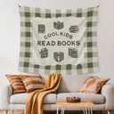 XLDLIOO Cool Kids Read Books Wall Tapestry, Vintage Classroom Wall Tapestry Hanging, Green Buffalo Checkered Tapestries Decor Art for Kids Reading Room Corner Nook Library Classroom, 50x60in
