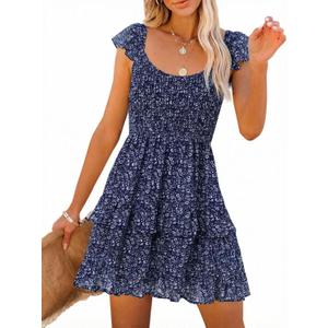 Fessceruna Womens Summer Ruffle Dresses Elastic Empire Waist A-line Layered Swing Flowy Mini Dress, XS