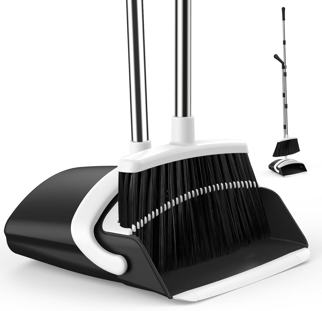 Broom and Dustpan Set for Home, 51-in Long Adjustable Handle Angle Broom and Dustpan Combo Set with Dust Pan Teeth to Clean Hair for Home Kitchen Office Lobby Floor Garden (Black&White) (Medium)