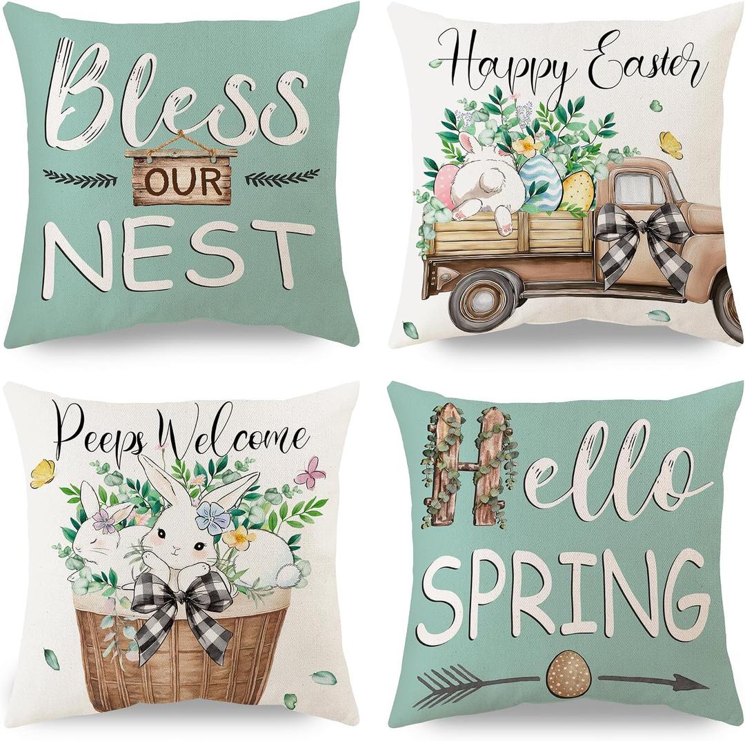 Farmhouse Easter Pillow Covers 18x18 Set of 4, Easter Decorations for Home Indoor, Bunny Truck & Peeps Welcome, Bless Our Nest Spring Throw Pillow Covers for Couch Sofa (Covers Only)