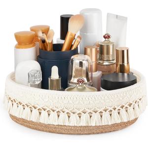 Mkono Makeup Perfume Holder Organizer Macrame Decorative Woven Rope Basket Boho Decor Cosmetics Desk Storage Baskets for Dresser Skin Care Lotions Essential Oils Dorm Room Essentials,Yellow and White