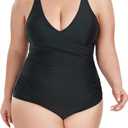 Ocean Blues Women's Plus Size Tummy Control One Piece Bathing Suit Punging Neckline One Piece Swimsuit Ruched Swimwear (XX-Large Plus, Black)