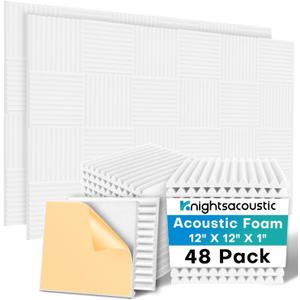 48 Pack Sound Proof Foam Panels for Walls with Self Adhesive, 12x12x1 Acoustic Foam Panels, High Density Acoustic Panels Sound Absorbing, Fire Resistant Studio Sound Proofing White