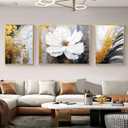 3 Pcs Hand-Painted Floral Canvas Wall Art for Living Room | 3D Textured Abstract White Flower Paintings with Gold Frames for Bedroom | Ready to Hang Modern Luxury Wall Decor for Office (24x64 Inches)