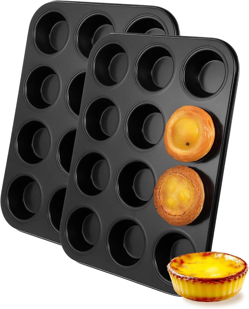 Abeillo 12-Cup Muffin Pan, Set of 2 Stainless Steel Cupcake Pans Metal Muffin Baking Tin Tray for Oven Mini Quiches Tarts, Making Muffins or Cupcakes, Non-toxic & Dishwasher