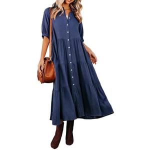 R.Vivimos Women's Summer Cotton Half Sleeves Button Down Casual Loose Slit Midi Dress with Pockets, Medium