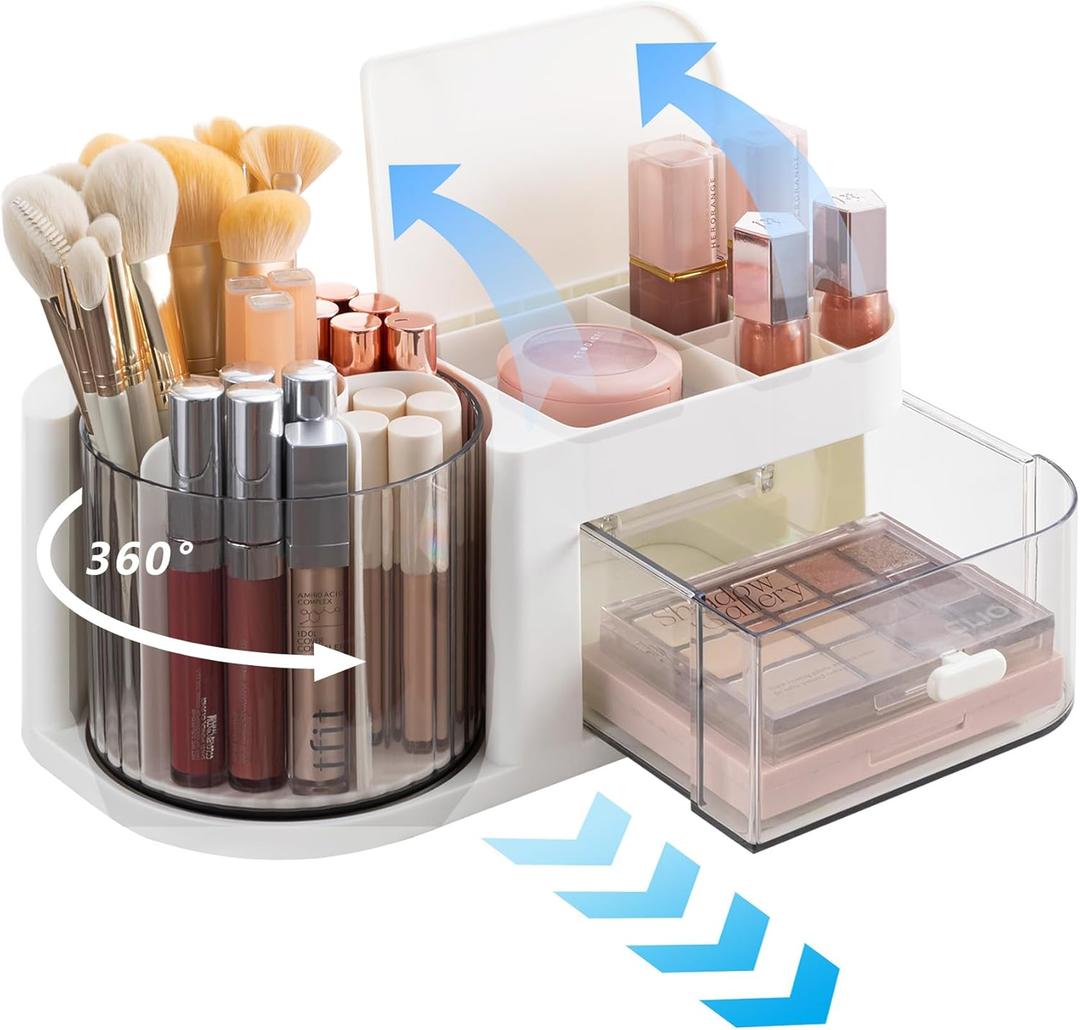 Makeup Organizer, 360-Degree Rotating Desk Organizers with Lid, Cosmetic Display Case with Drawer, Art Supply Storage Box Caddy for Office Desk, Vanity, Countertop, Bathroom, White