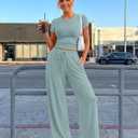 Trendy Queen 2 Piece Matching Summer Lounge Set Womens Side Ruching Top Wide Leg Pants Sets with Pockets (Green, S)