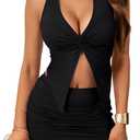 LYANER Women's Summer 2 Piece Outfits Halter Neck Twist Knot Crop Top with Mini Skirt Set (Black, XL)