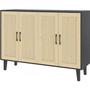 Panana Buffet Storage Cabinet with Rattan Decorating 4 Doors Living Room Kitchen Sideboard 48.43 x 34.65 x 15 inch (Black)