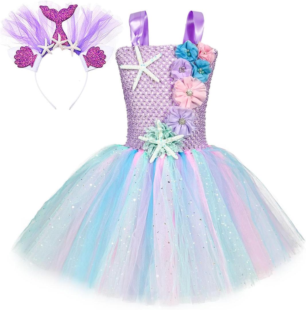 Summer 3 Colors Mermaid Tutu Dress for Girls with Headband Birthday Party Dresses Dress Up Clothes 7-8 Years