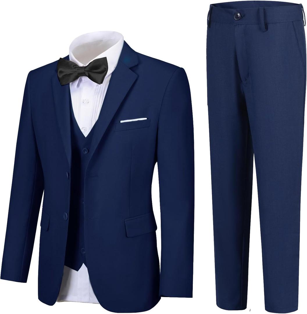 Boy Suits 5 Pieces Formal Suit Set with Adjustable Waist Kids Dress Suit for Wedding Prom (Blue), 14Y