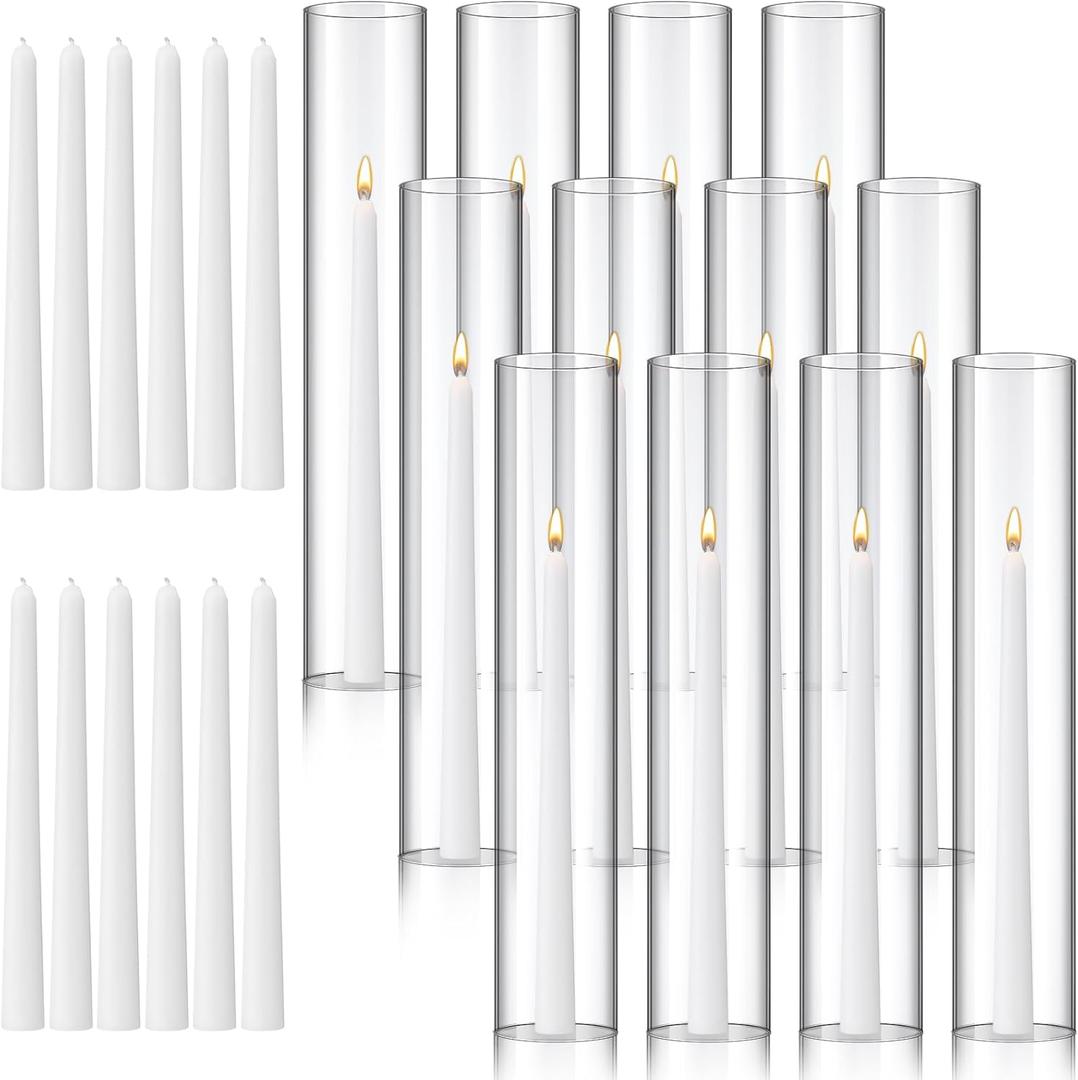 12 Pcs 2.5"W x 14"H Hurricane Candle Holders Set, Open Ended Clear Glass Hurricane Candleholders with 12 Pcs Taper Candles, Hurricane Candle Tubes, Bottomless Cylinder Candle Holder for Candles