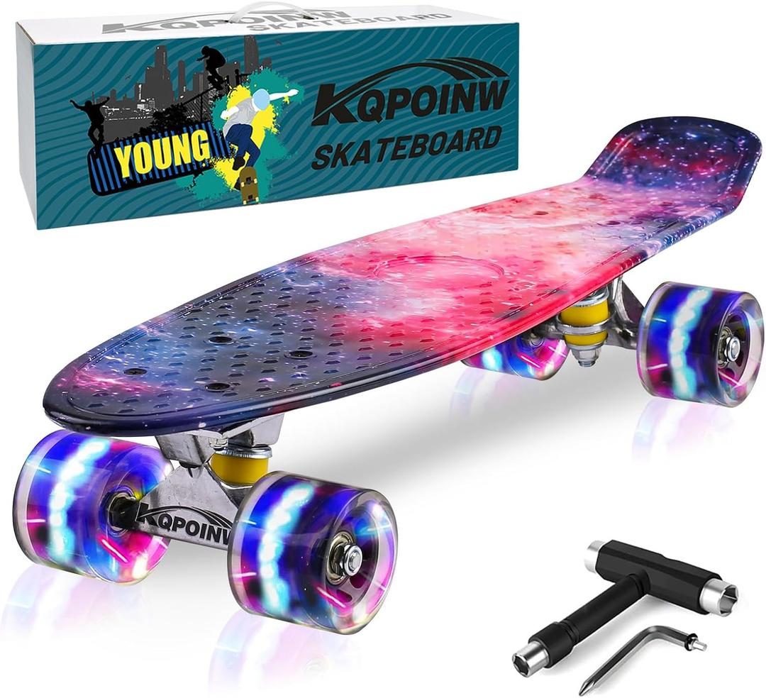 Skateboards, 22" Complete Skateboard, Mini Cruiser Skateboard for Kids Boys Girls Teens Beginners with Colorful Flashing Wheels Skate Tool, Kids Children's Day Gift (Galaxy)