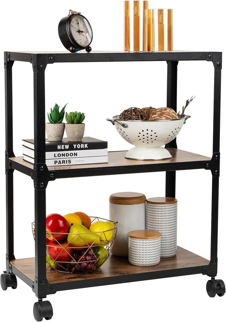 Mind Reader 3 Tier Multipurpose Rolling Cart, Home Storage, Bar Cart, Microwave Stand, Utility Organizer, Metal, MDF, Brown, 23"L x 12"W x 29.5"H